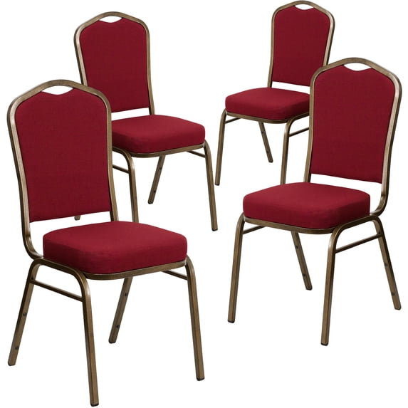 BizChair 4 Pack Crown Back Stacking Banquet Chair in Burgundy Fabric - Gold Vein Frame