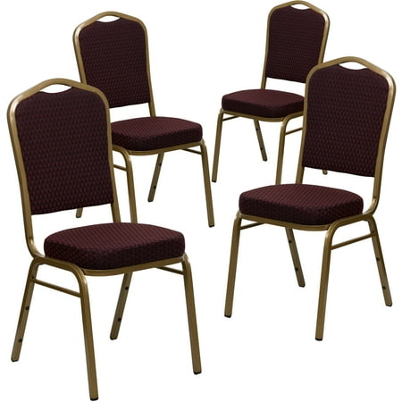 BizChair 4 Pack Crown Back Stacking Banquet Chair in Burgundy Patterned Fabric - Gold Frame