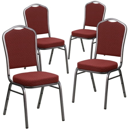 BizChair 4 Pack Crown Back Stacking Banquet Chair in Burgundy Patterned Fabric - Silver Vein Frame
