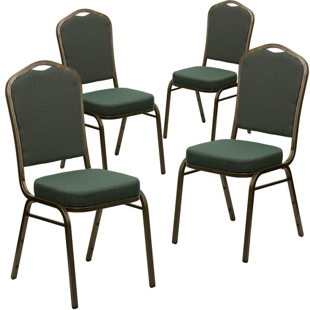 BizChair 4 Pack Crown Back Stacking Banquet Chair in Green Patterned Fabric - Gold Vein Frame