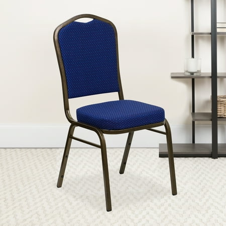 BizChair 4 Pack Crown Back Stacking Banquet Chair in Navy Blue Patterned Fabric - Gold Vein Frame