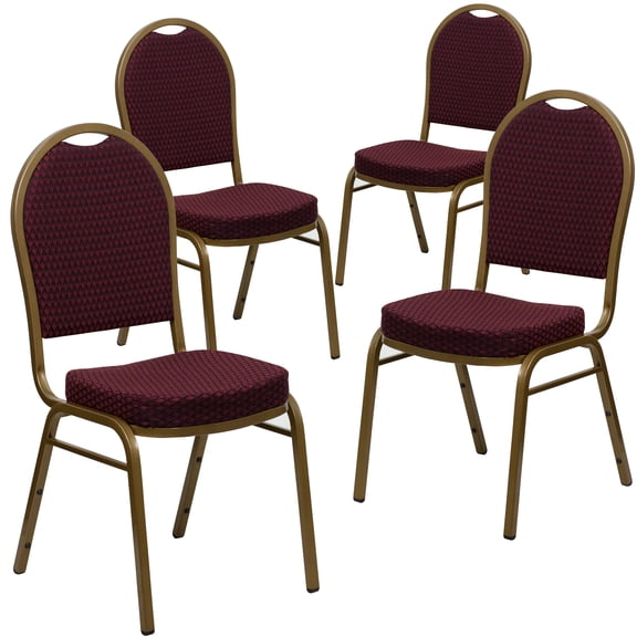 BizChair 4 Pack Dome Back Stacking Banquet Chair in Burgundy Patterned Fabric - Gold Frame
