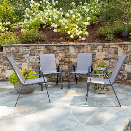 BizChair 4 Pack Gray Outdoor Stack Chair with Flex Comfort Material and Metal Frame