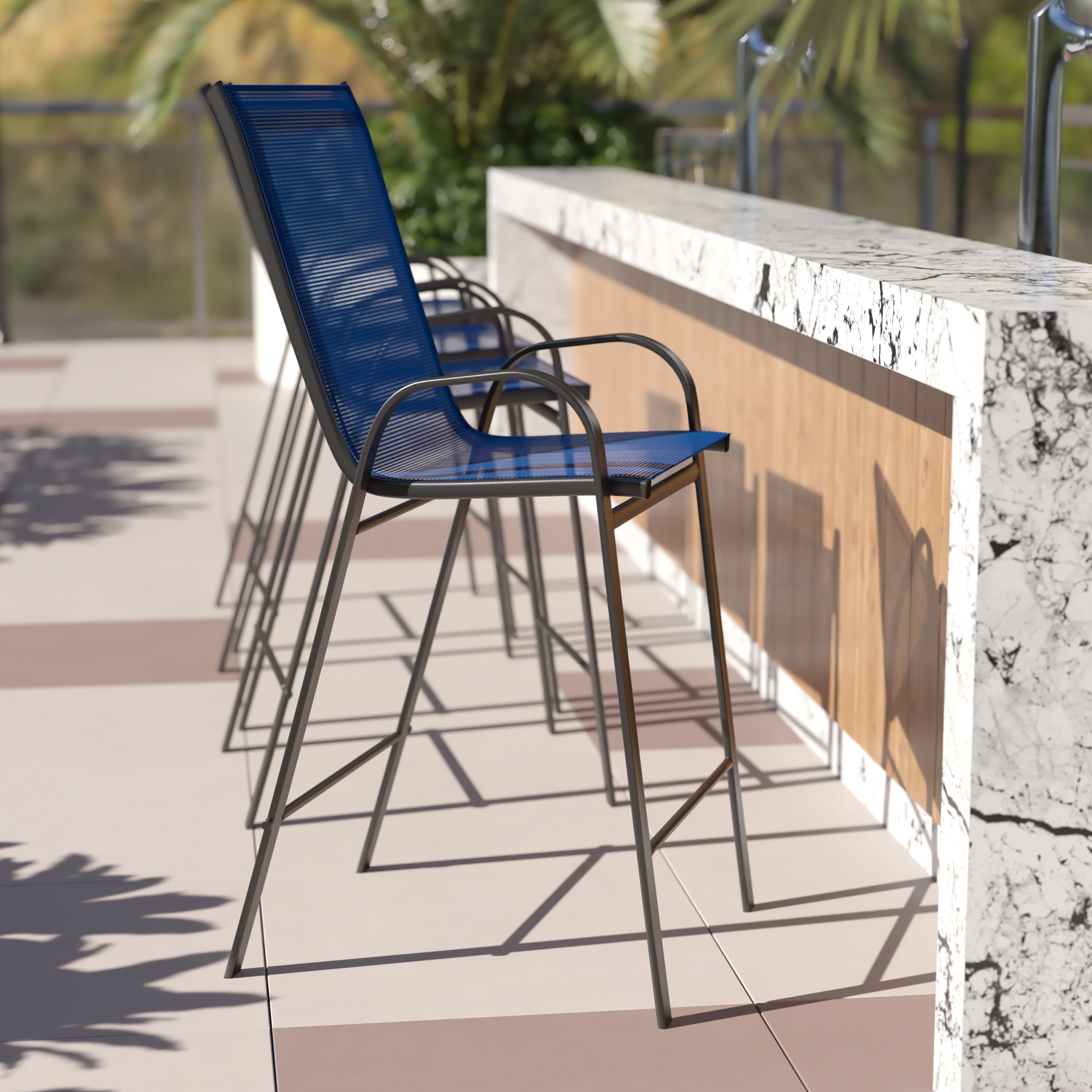 Navy Flex Comfort Sling Outdoor Patio Barstools with Metal Frame, Set of 4