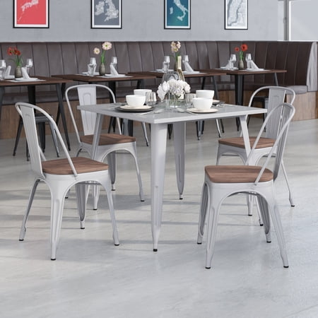 BizChair 4 Pack Silver Metal Stackable Chair with Wood Seat