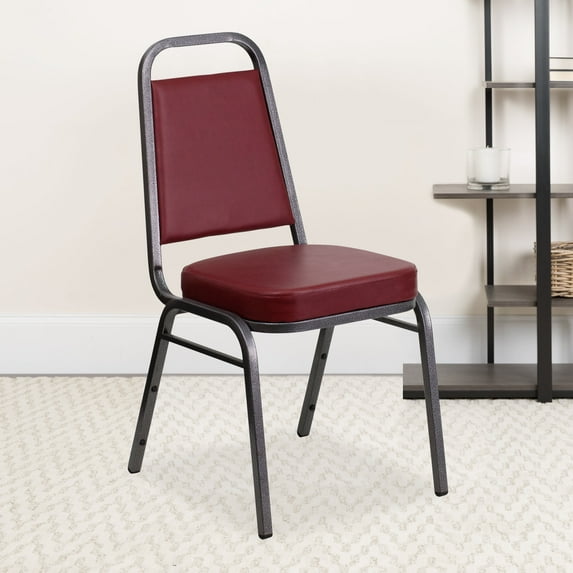 BizChair 4 Pack Trapezoidal Back Stacking Banquet Chair in Burgundy Vinyl - Silver Vein Frame with 2.5" Thick Seat