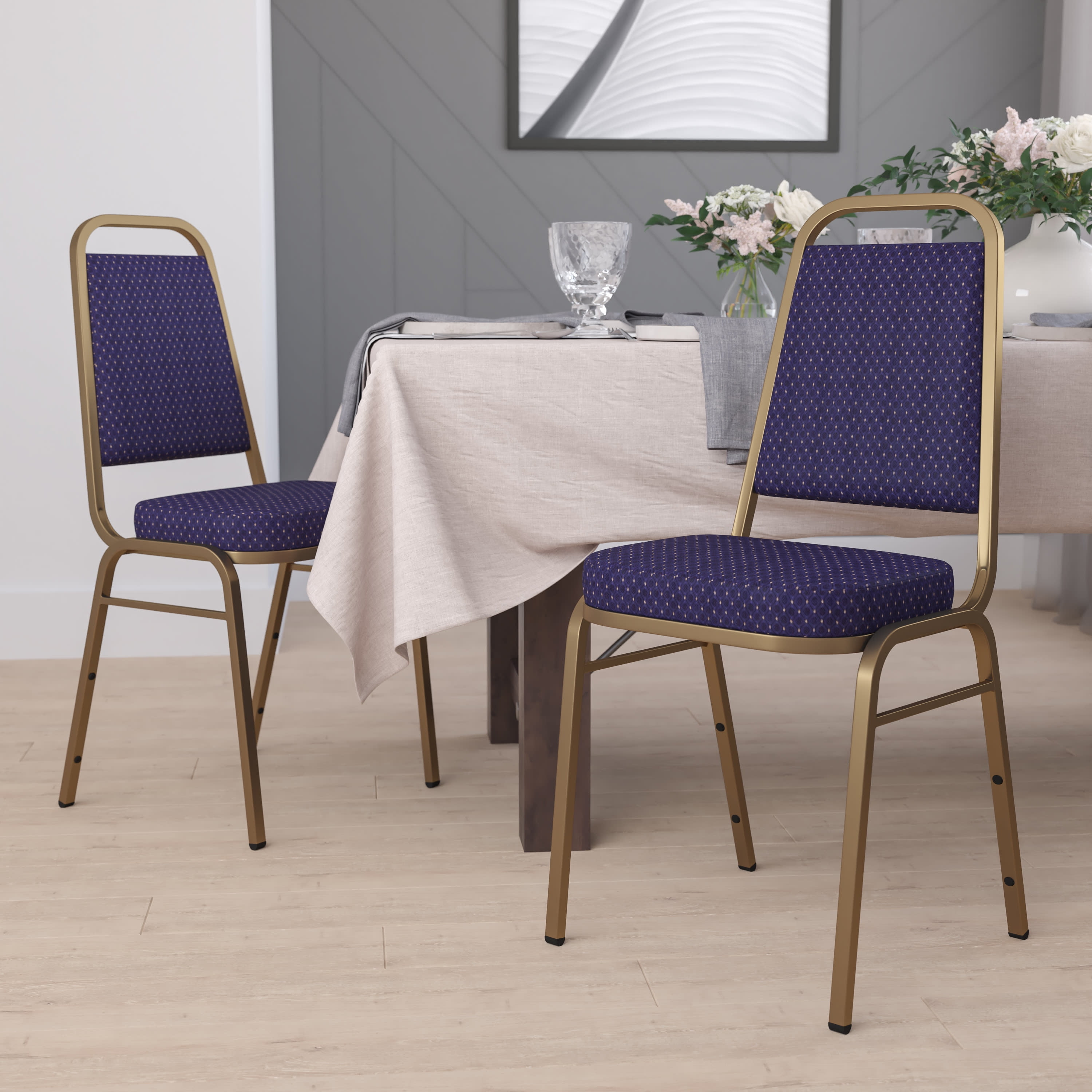 Navy Patterned Fabric Armless Stacking Banquet Chairs with Gold Frame