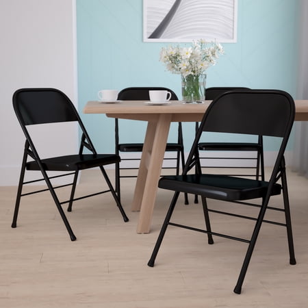 BizChair 4 Pack Triple Braced & Double Hinged Black Metal Folding Chair