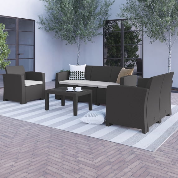 BizChair 4 Piece Outdoor Faux Rattan Chair, Loveseat, Sofa and Table Set in Dark Gray