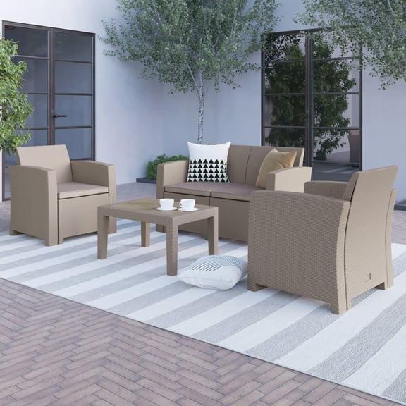 BizChair 4 Piece Outdoor Faux Rattan Chair, Loveseat and Table Set in Light Gray