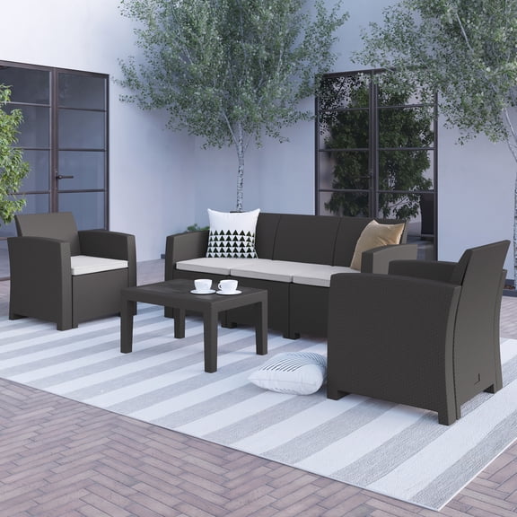 BizChair 4 Piece Outdoor Faux Rattan Chair, Sofa and Table Set in Dark Gray