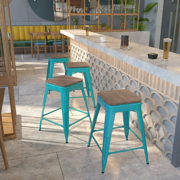 BizChair 4 Pk. 24" High Backless Crystal Teal-Blue Counter Height Stool with Square Wood Seat
