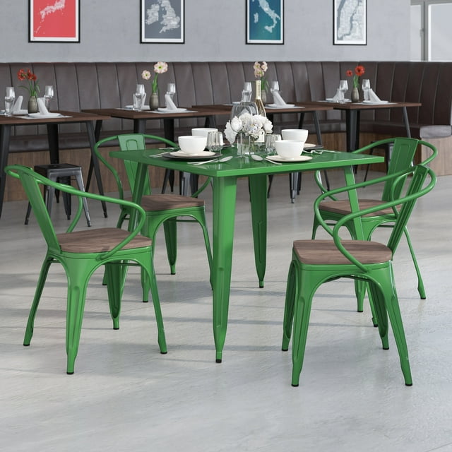 BizChair 4 Pk. Green Metal Chair with Wood Seat and Arms