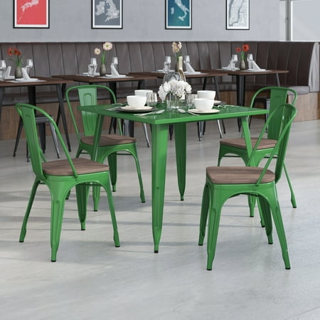 BizChair 4 Pk. Green Metal Stackable Chair with Wood Seat