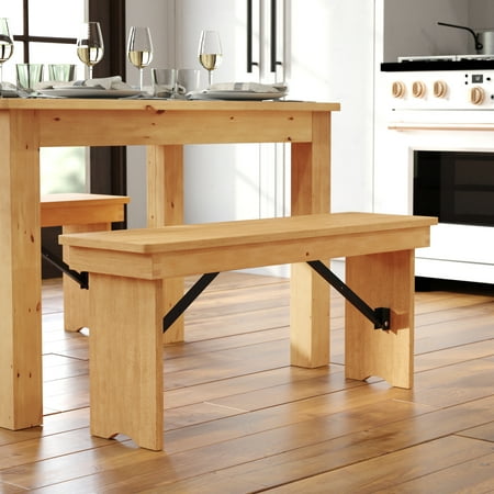 BizChair 40'' x 12'' Light Natural Solid Pine Folding Farm Bench