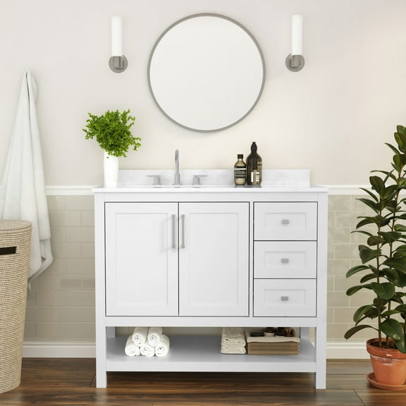 BizChair 42 Inch Bathroom Vanity with Sink, Storage Cabinet with Soft Close Doors, Open Shelf and 3 Drawers, Carrara Marble Finish Countertop, White/White