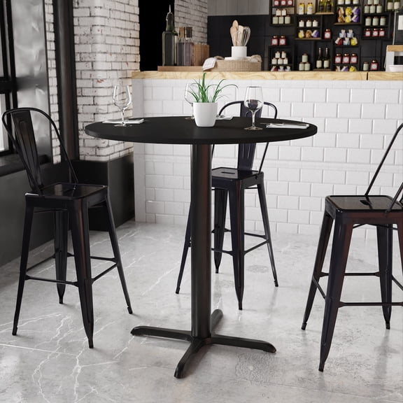 BizChair 42'' Round Black Laminate Table Top with 33'' x 33'' Bar Height Table Base