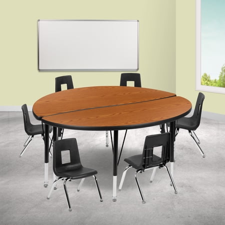 BizChair 47.5" Circle Wave Flexible Laminate Activity Table Set with 12" Student Stack Chairs, Oak/Black