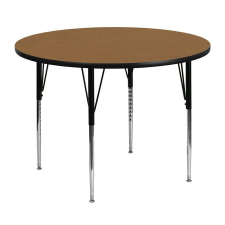 BizChair 48'' Round Oak Thermal Laminate Activity Table - Standard Height Adjustable Legs