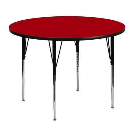 BizChair 48'' Round Red Thermal Laminate Activity Table - Standard Height Adjustable Legs