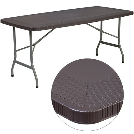 BizChair 5.62-Foot Brown Rattan Indoor-Outdoor Plastic Folding Table with Umbrella Hole