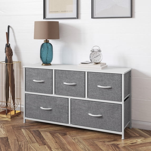 BizChair 5 Drawer Vertical Storage Dresser with White Cast Iron Frame, White Wood Top and Gray Easy Pull Fabric Drawers with White Wooden Handles