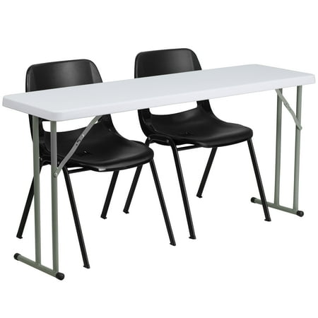 BizChair 5-Foot Plastic Folding Training Table Set with 2 Black Plastic Stack Chairs