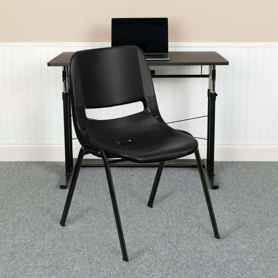 BizChair 5 Pack 661 lb. Capacity Black Ergonomic Shell Stack Chair with Black Frame and 16'' Seat Height