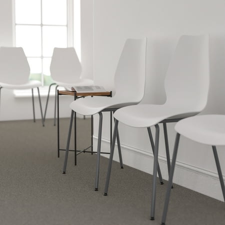 BizChair 5 Pack 770 lb. Capacity White Stack Chair with Lumbar Support and Silver Frame