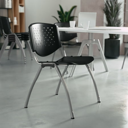 BizChair 5 Pack 880 lb. Capacity Black Plastic Stack Chair with Titanium Gray Powder Coated Frame