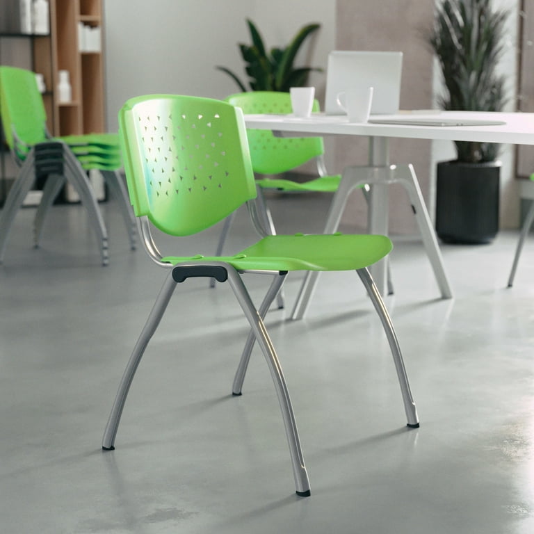 BizChair 5 Pack 880 lb. Capacity Green Plastic Stack Chair with Titanium Gray Powder Coated Frame