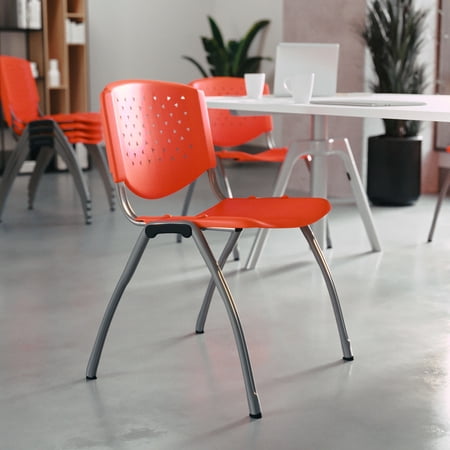 BizChair 5 Pack 880 lb. Capacity Orange Plastic Stack Chair with Titanium Gray Powder Coated Frame