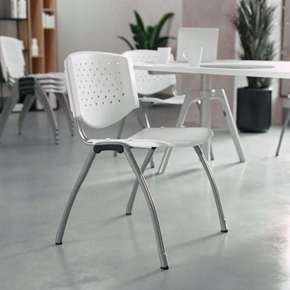 BizChair 5 Pack 880 lb. Capacity White Plastic Stack Chair with Titanium Gray Powder Coated Frame