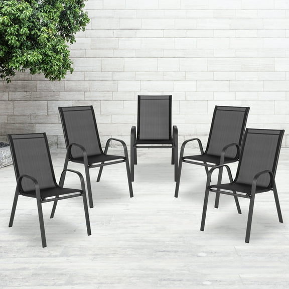 BizChair 5 Pack Black Outdoor Stack Chair with Flex Comfort Material and Metal Frame