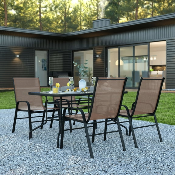 BizChair 5 Piece Modern Patio Set 55 Tempered Glass Table and Brown Flex Comfort Chairs