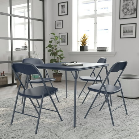 BizChair 5 Piece Navy Folding Card Table and Chair Set