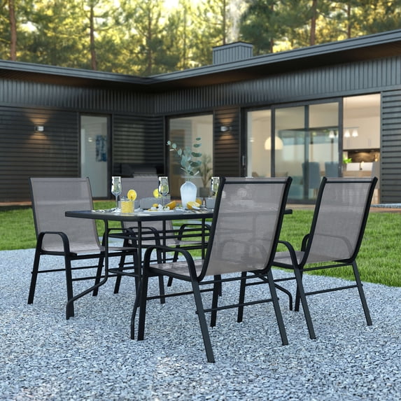 BizChair 5-Piece Outdoor Dining Set, 55" Tempered Glass Table with Umbrella Hole, 4 Gray Stack Chairs