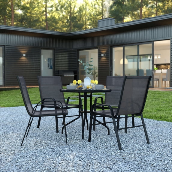BizChair 5 Piece Outdoor Patio Dining Set - 31.5" Round Tempered Glass Patio Table, 4 Black Flex Comfort Stack Chairs