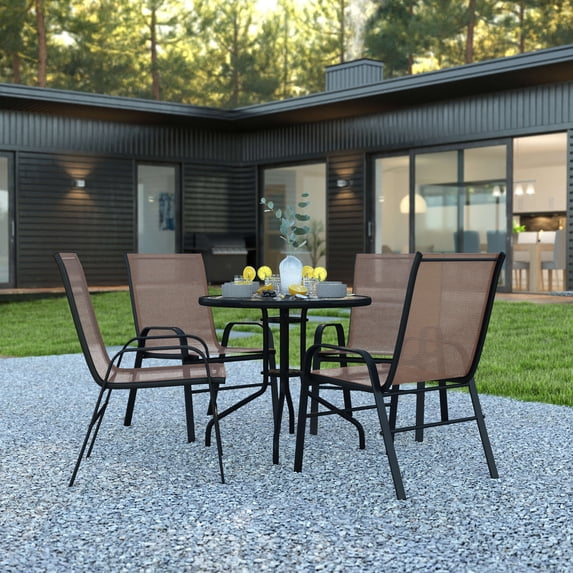 BizChair 5 Piece Outdoor Patio Dining Set - 31.5" Round Tempered Glass Patio Table, 4 Brown Flex Comfort Stack Chairs
