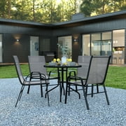 BizChair 5 Piece Outdoor Patio Dining Set - 31.5" Round Tempered Glass Patio Table, 4 Gray Flex Comfort Stack Chairs