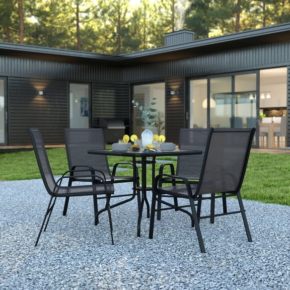 BizChair 5 Piece Outdoor Patio Dining Set - 31.5" Square Tempered Glass Patio Table, 4 Black Flex Comfort Stack Chairs