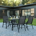 thumbnail image 1 of BizChair 5 Piece Outdoor Patio Dining Set - 55" Tempered Glass Patio Table with Umbrella Hole, 4 Black Flex Comfort Stack Chairs, 1 of 11