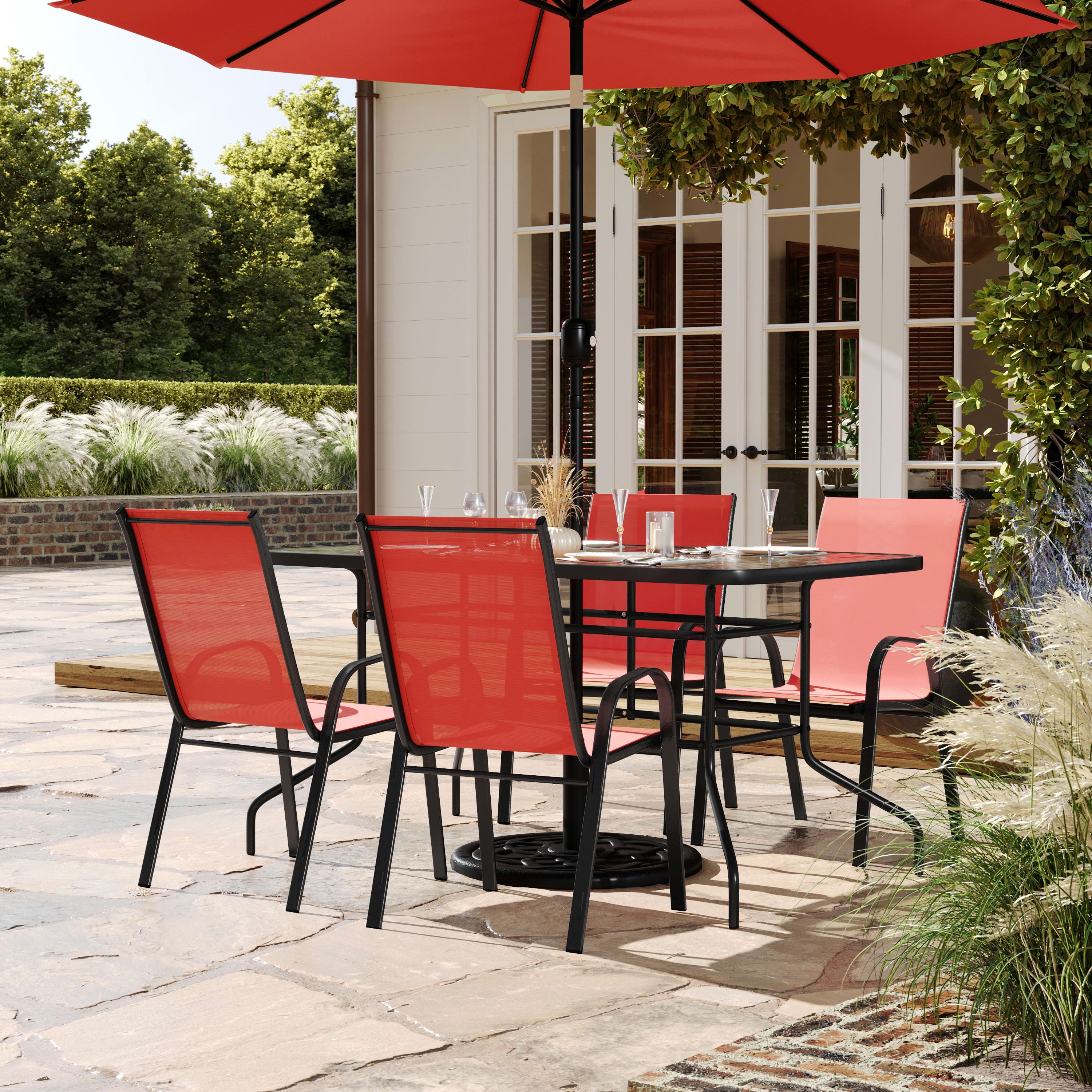 Red and Black 5-Piece Outdoor Patio Dining Set with Glass Table