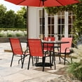thumbnail image 1 of BizChair 5 Piece Outdoor Patio Dining Set - 55" Tempered Glass Patio Table with Umbrella Hole, 4 Red Flex Comfort Stack Chairs, 1 of 12