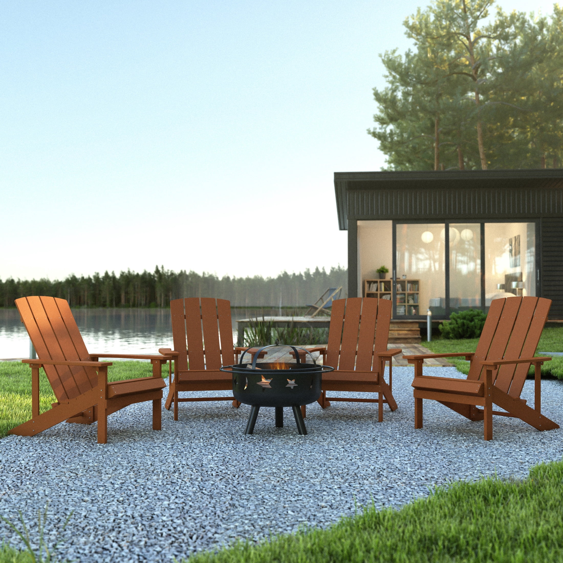 BizChair 5 Piece Teak Poly Resin Wood Adirondack Chair Set with Fire ...