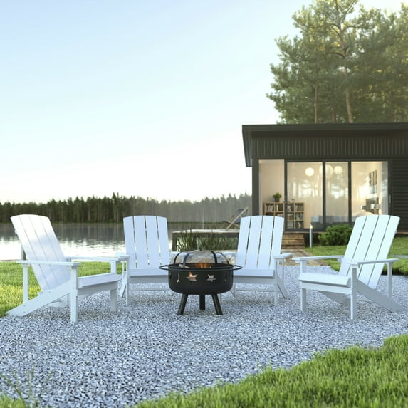 BizChair 5 Piece White Poly Resin Wood Adirondack Chair Set with Fire Pit - Star and Moon Fire Pit with Mesh Cover