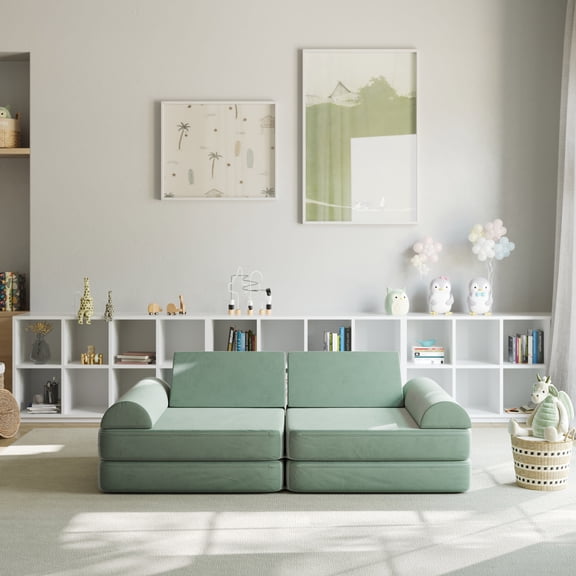 BizChair 56" Modular Kids Play Couch with 6 Soft Foam Sectional Sofa Pieces in Sage