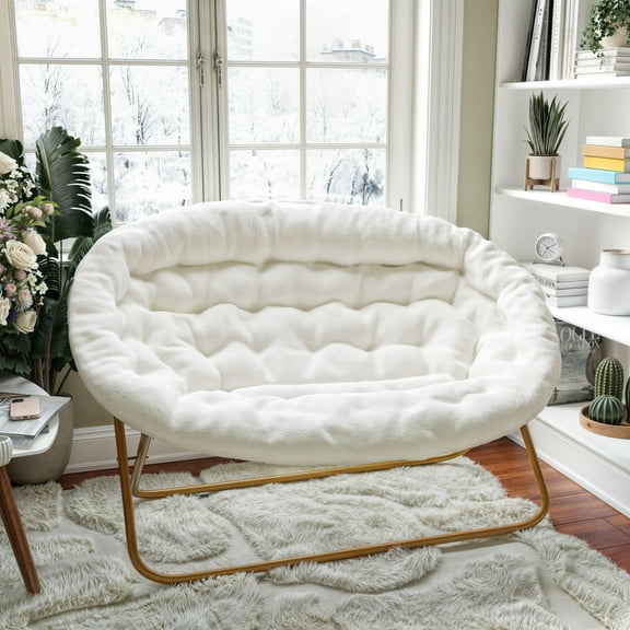 BizChair 56" Portable Folding Double Saucer Chair in Ivory Faux Shearling with a Soft Gold Steel Frame for Dorm, Living Room, or Bedroom