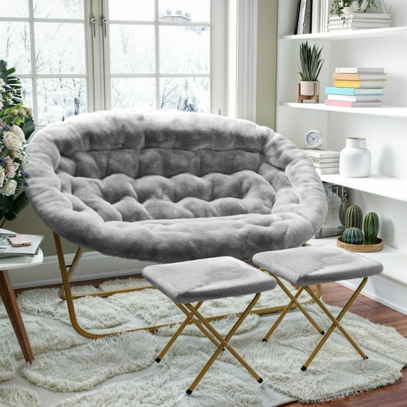 BizChair 56" Portable Folding Double Saucer Chair with 2 Folding Ottomans Gray Faux Fur with a Soft Gold Steel Frame for Dorm or Bedroom