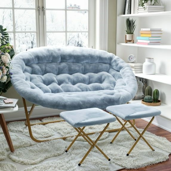 BizChair 56" Portable Folding Double Saucer Chair with 2 Folding Ottomans in Dusty Aqua Faux Fur with a Soft Gold Steel Frame for Dorm or Bedroom